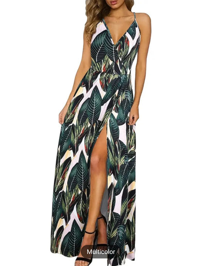 Tropical Print Split Spaghetti Dress, Boho V-neck Cami Dress, Women's Clothing