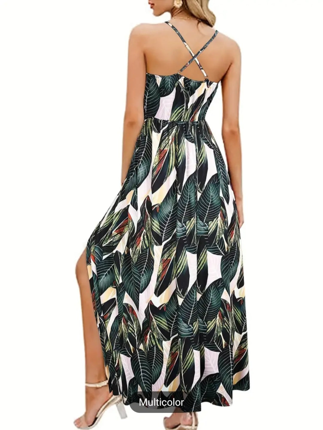 Tropical Print Split Spaghetti Dress, Boho V-neck Cami Dress, Women's Clothing