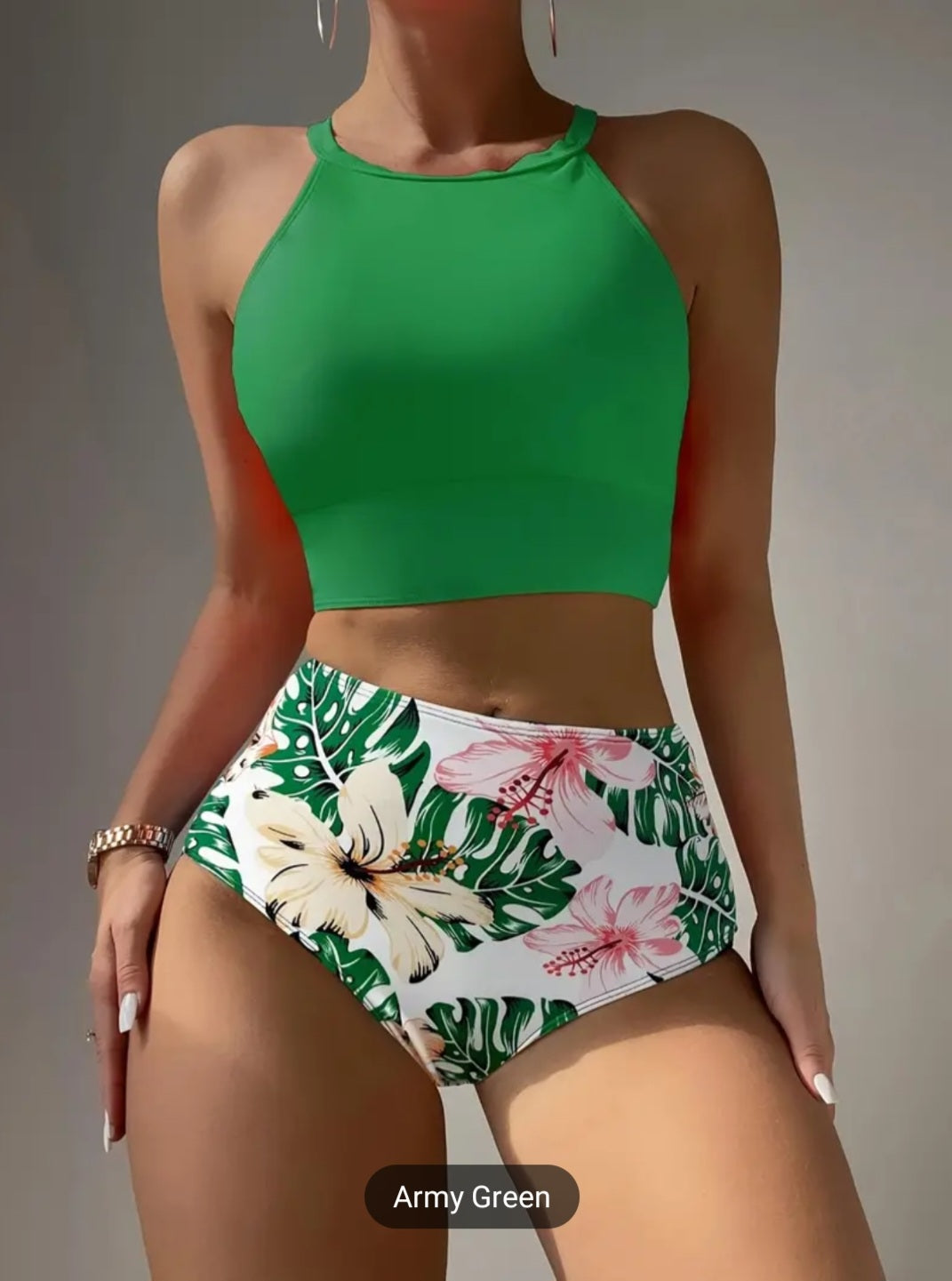 two pieces Women's Colorblock Tropical Print Bikini Set - Flattering High Waist & High Cut Swimsuit for Beach & Pool Days
